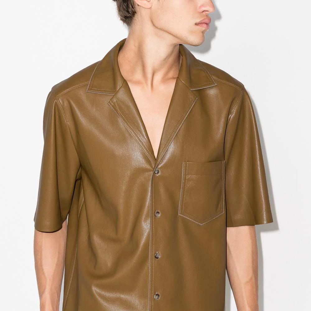 Half Sleeves Khaki Leather Shirt For Men