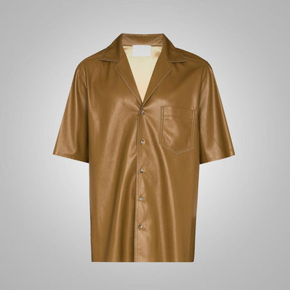 Half Sleeves Khaki Leather Shirt For Men