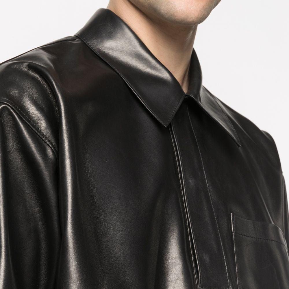 Half Sleeves Soft Sheepskin Black Leather Shirt For Men