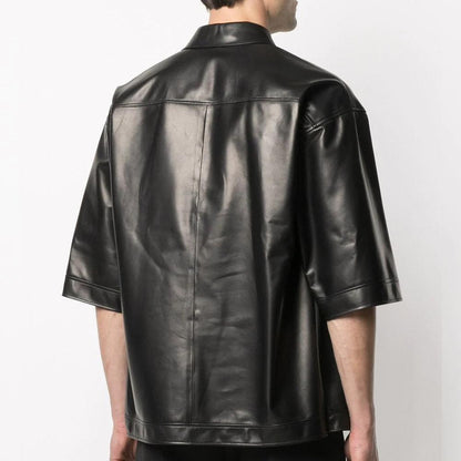 Half Sleeves Soft Sheepskin Black Leather Shirt For Men