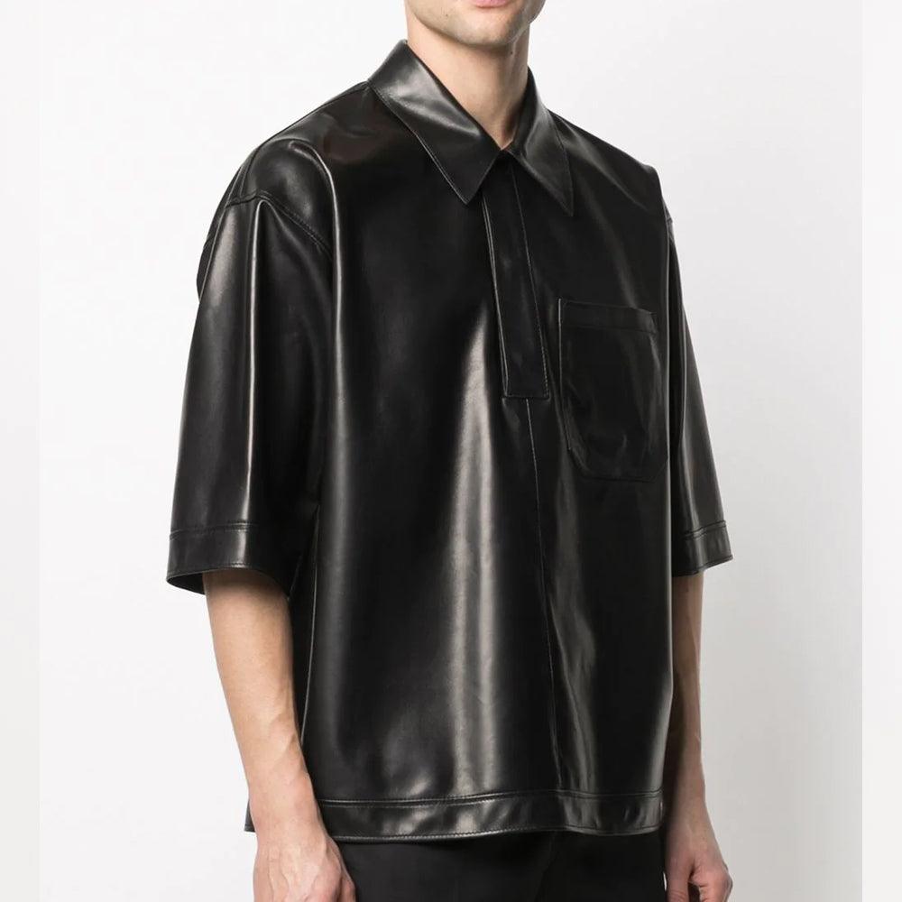 Half Sleeves Soft Sheepskin Black Leather Shirt For Men