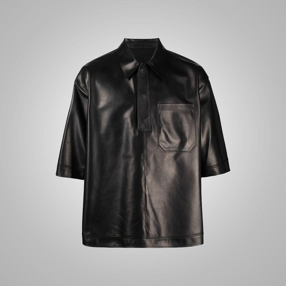 Half Sleeves Soft Sheepskin Black Leather Shirt For Men