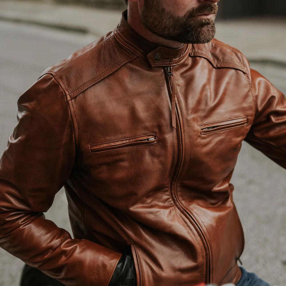 Men's Light Brown Cafe Racer Leather Motorbike Jacket