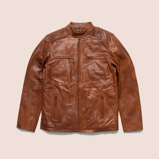 Men's Light Brown Cafe Racer Leather Motorbike Jacket