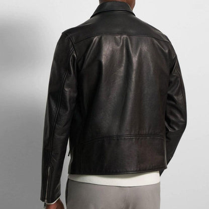 Men's Pointed Collar Black Shirt Style Leather Jacket