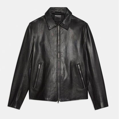 Men's Pointed Collar Black Shirt Style Leather Jacket
