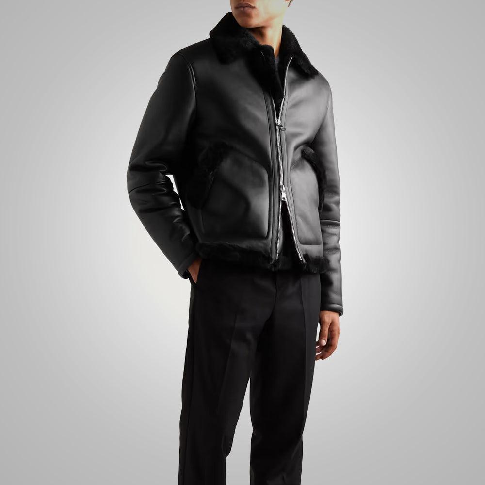 Shearling Lined Leather Black Trucker Jacket For Men