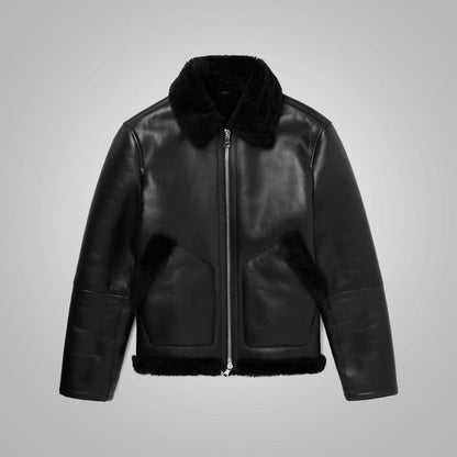 Shearling Lined Leather Black Trucker Jacket For Men