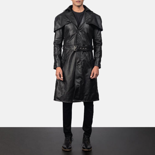 Men's Shinny Black Belted Lambskin Leather Duster Coat
