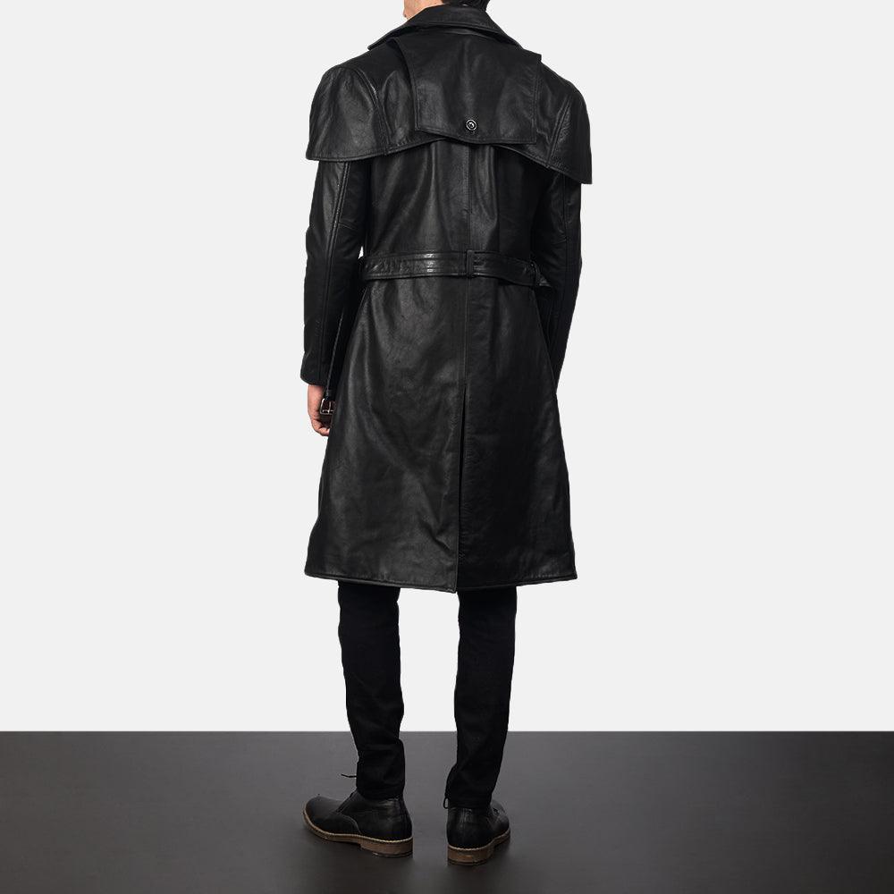 Men's Shinny Black Belted Lambskin Leather Duster Coat