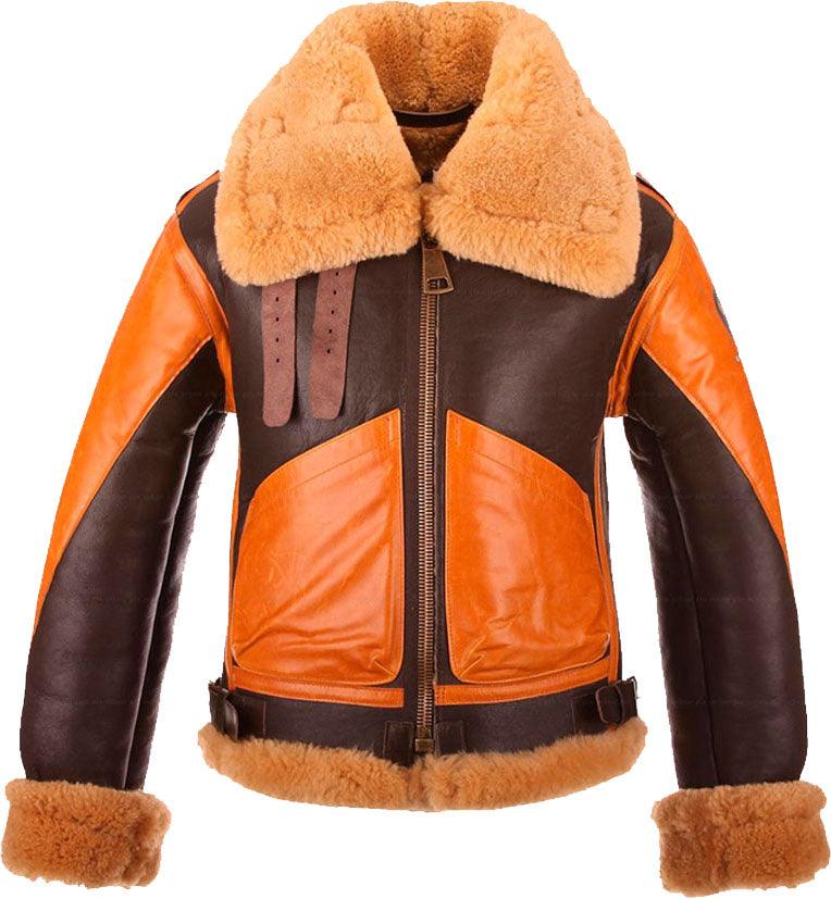 New Style Two Tone Men's Brown Bomber Leather Jacket With Fur