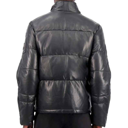 Mens Leather Puffer Jacket with Zipped Pockets
