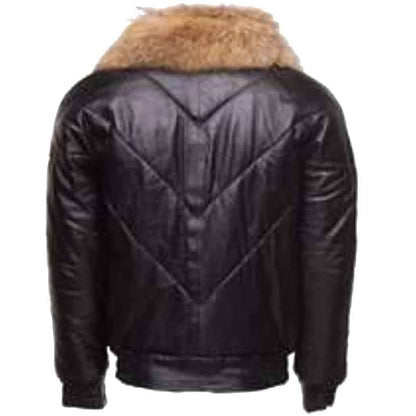 Black V-Bomber Style Puffer Winter Leather Jacket With Fur Collar