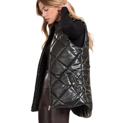 Women Black Leather Puffer Vest