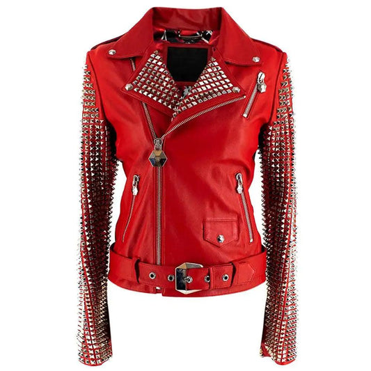 New Red studded Fashion Motorcycle Leather Biker Jacket For Women