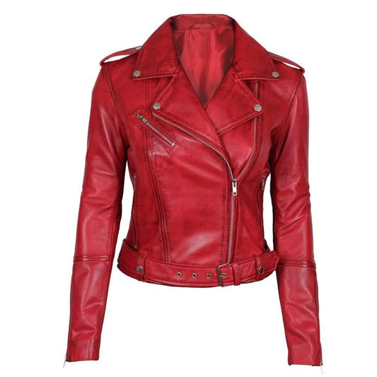 Women's Stylish Red Leather Biker Jacket