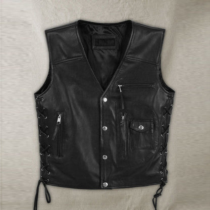 Mens Traditional Biker Black Leather Vest