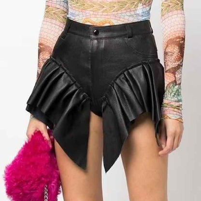 Ruffled Style Frilled Leather Shorts For Women