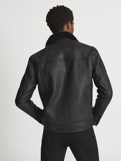 Black Shearling Collar Aviator Leather Jacket For Men