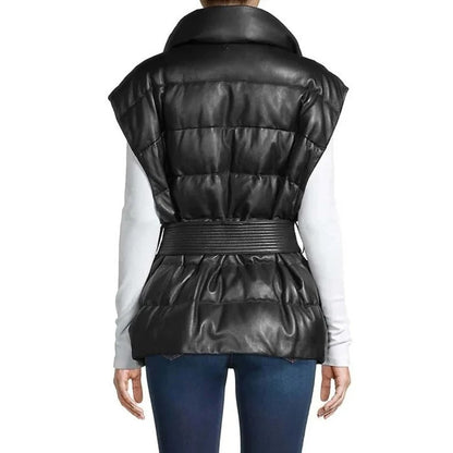 Womens Leather Puffer Vest in Black