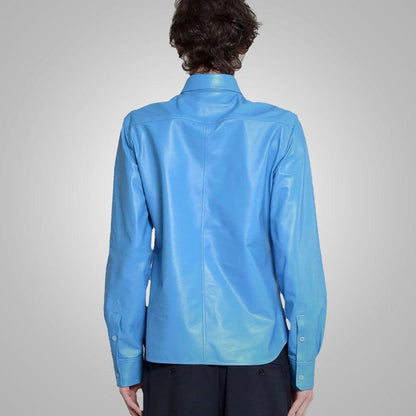 Sky Blue Lambskin Leather Shirt Men