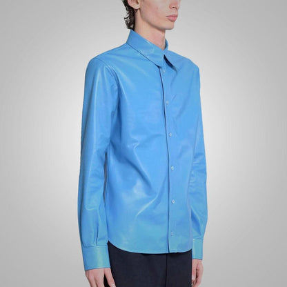 Sky Blue Lambskin Leather Shirt Men