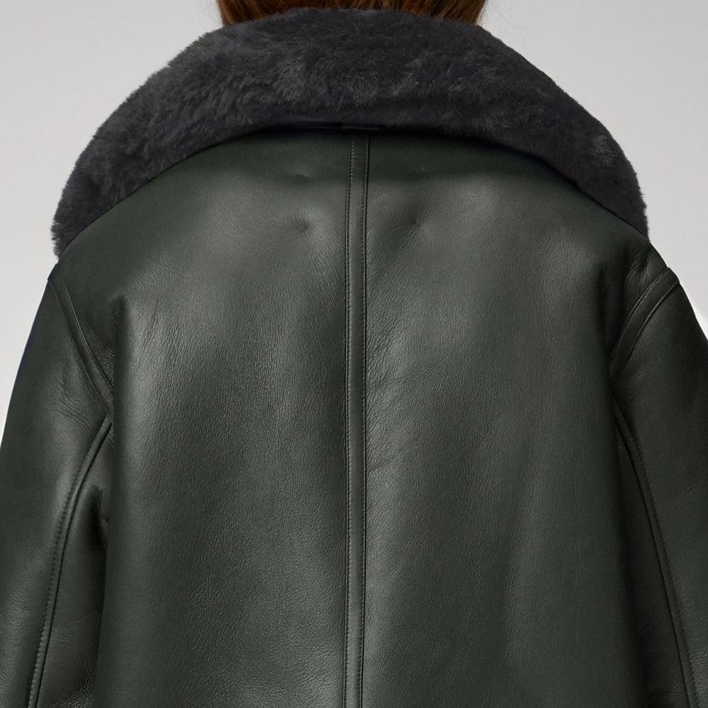 Women's Green RAF Aviator Styled Lambskin Black Shearling Leather Jacket