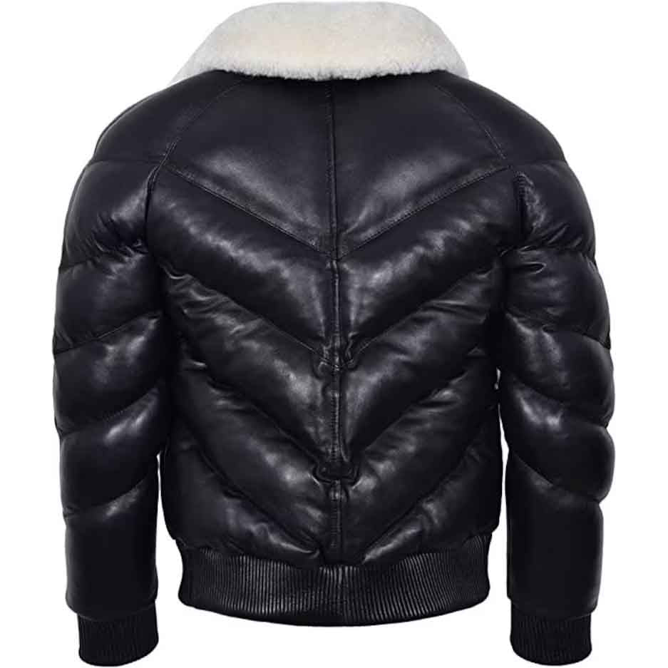 Mens Military Style Puffer Leather Jacket Black