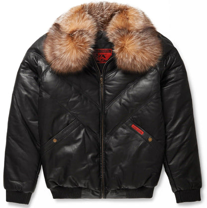Men's Black Leather w/ Crystal Fox Fur V-Bomber Jacket