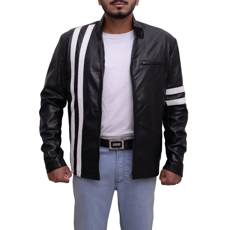 Mens Black Leather Jacket With White Stripes