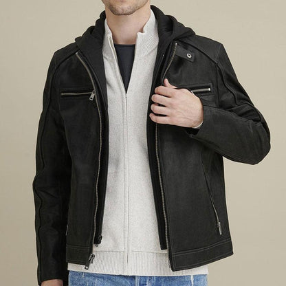 Black Vintage Hooded Leather Jacket For Men