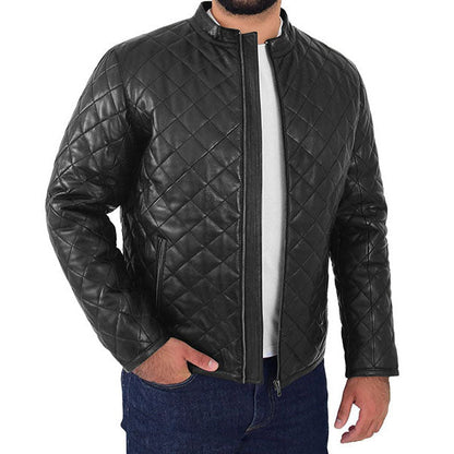 Mens Black Quilted Leather Puffer Jacket
