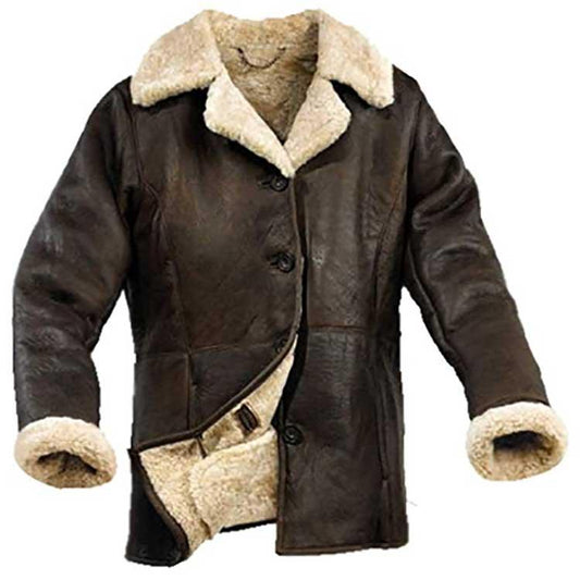 Dark Brown Aviator Fur Collar Leather Jacket For Women