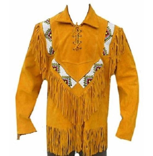 Men's Western Cowboy Suede Jacket, Tan Suede Leather Jacket With Fringes