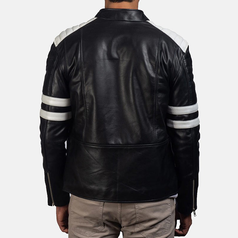 Men's White Stripes Leather Biker Jacket