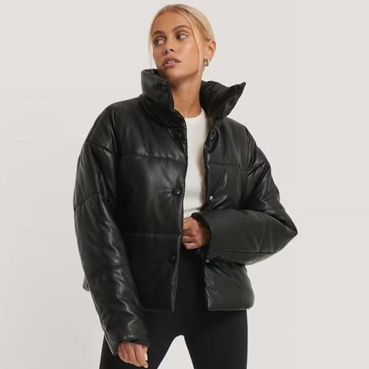 Women Black Leather Padded Jacket