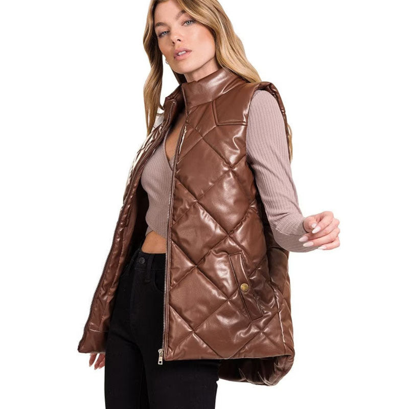 Women Chocolate Leather Puffer Vest