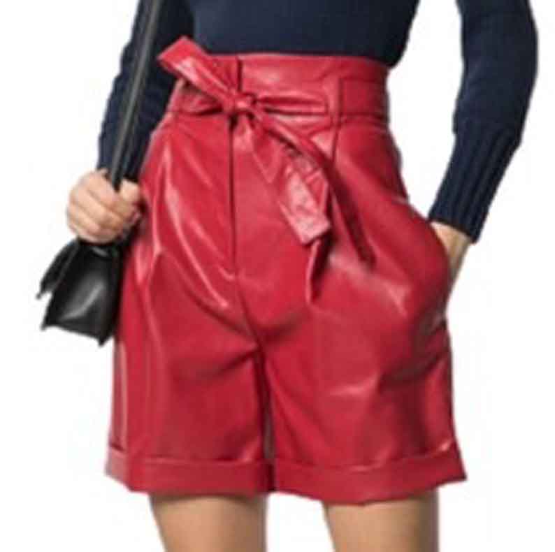 Red Leather Shorts for Women with Side Pockets