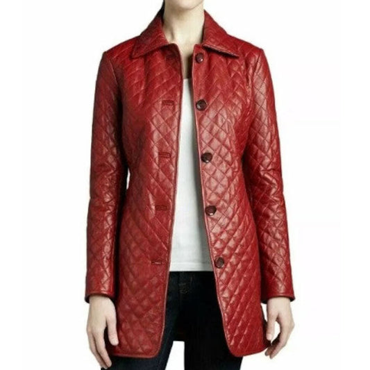 Women Red Leather Midi Trench Coat