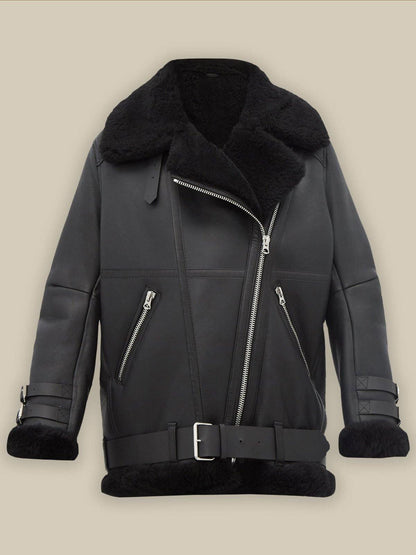 Pitch Black B3 Shearling Leather Jacket For Women