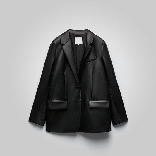 Women's Black Oversized Leather Coat Blazer