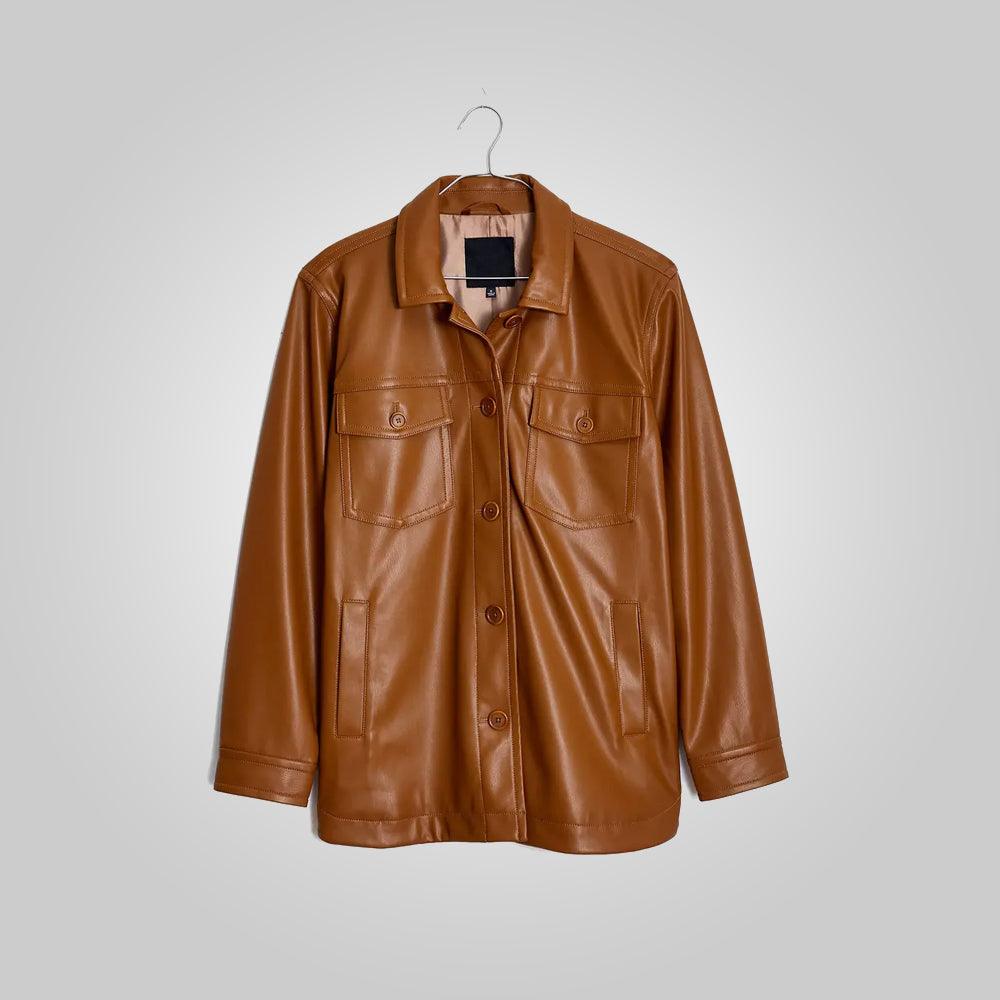 Women's Brown Leather Shirt Jacket