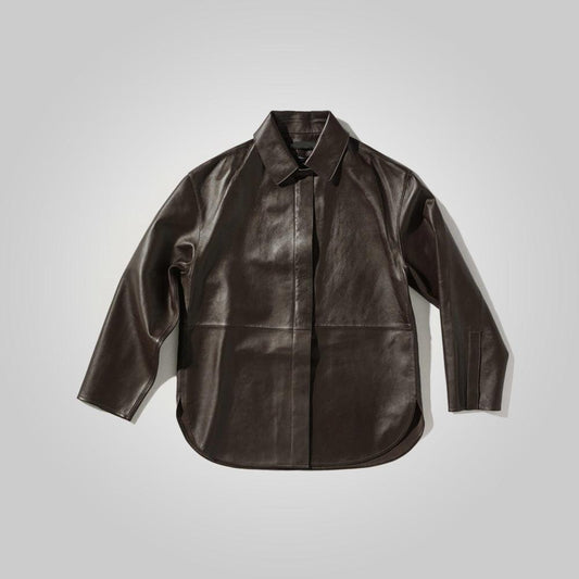 Women's Brown Oversized Leather Shirt Styled Jacket