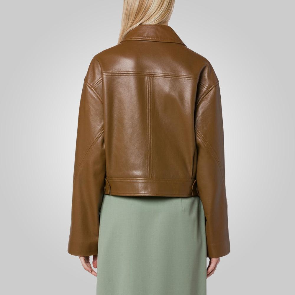 Women's Brown Pointed Collar Plain Leather Jacket