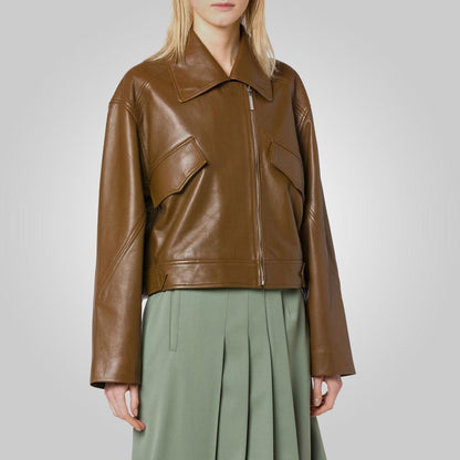 Women's Brown Pointed Collar Plain Leather Jacket