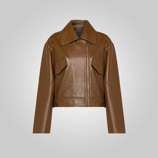 Women's Brown Pointed Collar Plain Leather Jacket
