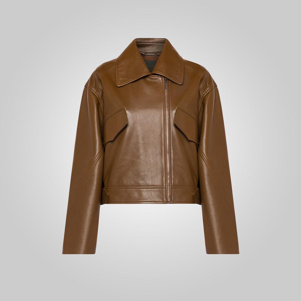 Women's Brown Pointed Collar Plain Leather Jacket