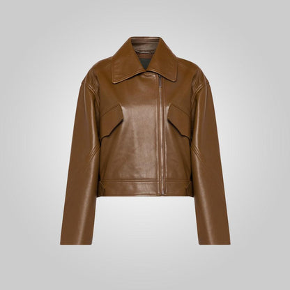 Women's Brown Pointed Collar Plain Leather Jacket