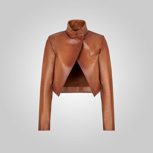 Women's Cropped Goatskin Brown Leather Jacket