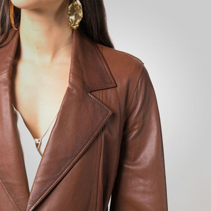 Women's Goatskin Belted Brown Leather Jacket